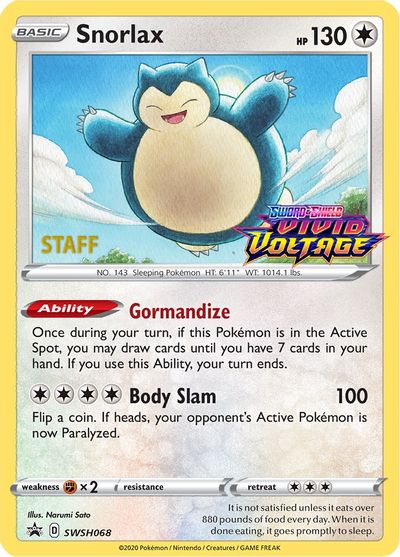 Snorlax (SWSH068) (Staff Prerelease Promo) [Sword & Shield: Black Star Promos] | I Want That Stuff Brandon