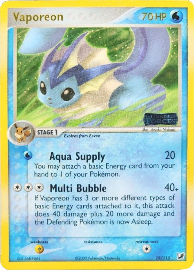 Vaporeon (19/115) (Stamped) [EX: Unseen Forces] | I Want That Stuff Brandon