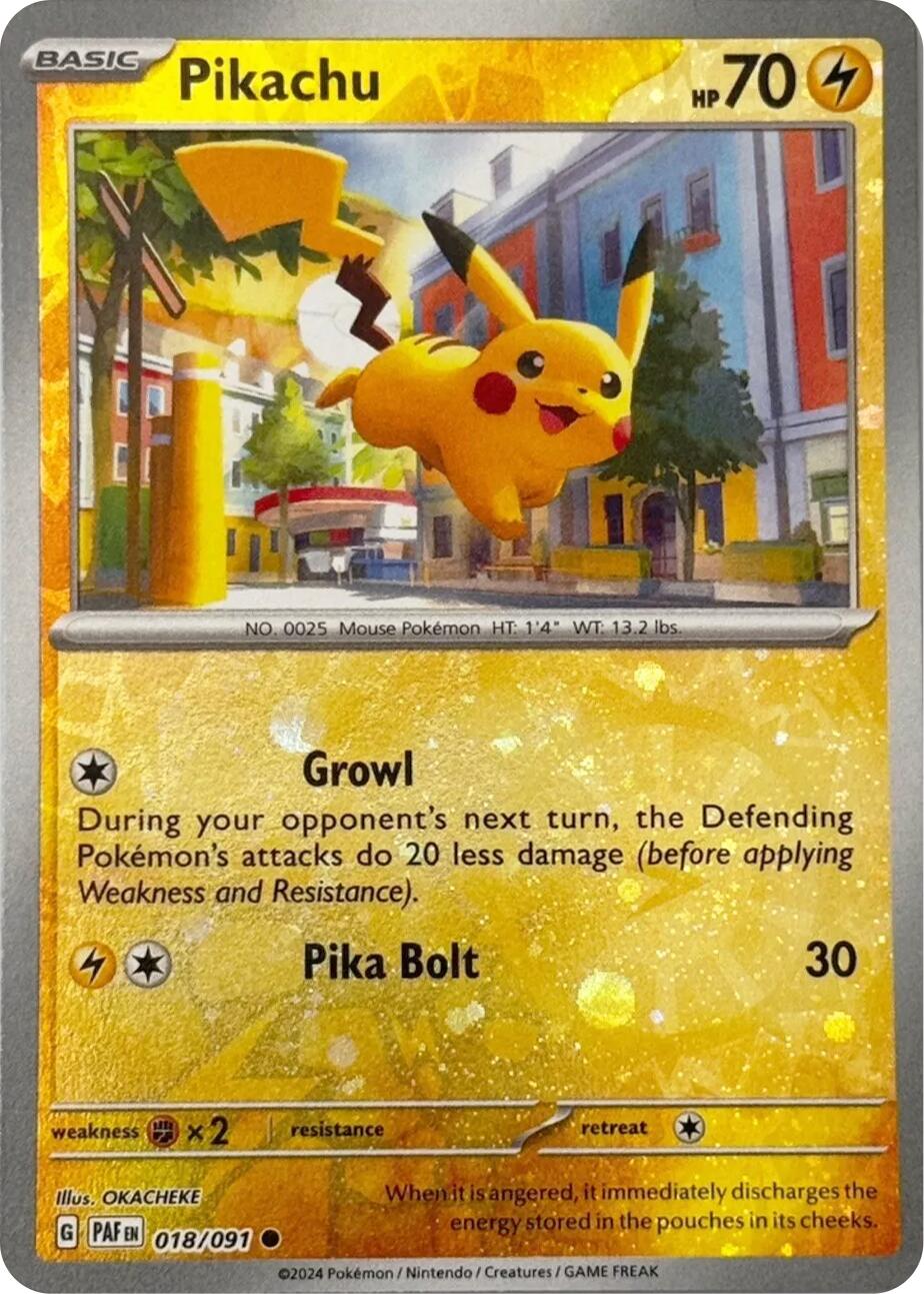 Pikachu (018/091) (Reverse Cosmos Holo) [Scarlet & Violet: Paldean Fates] | I Want That Stuff Brandon