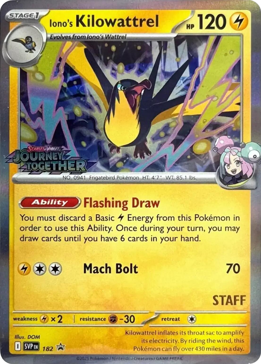 Iono's Kilowattrel (182) (Prerelease Staff) [Scarlet & Violet: Black Star Promos] | I Want That Stuff Brandon