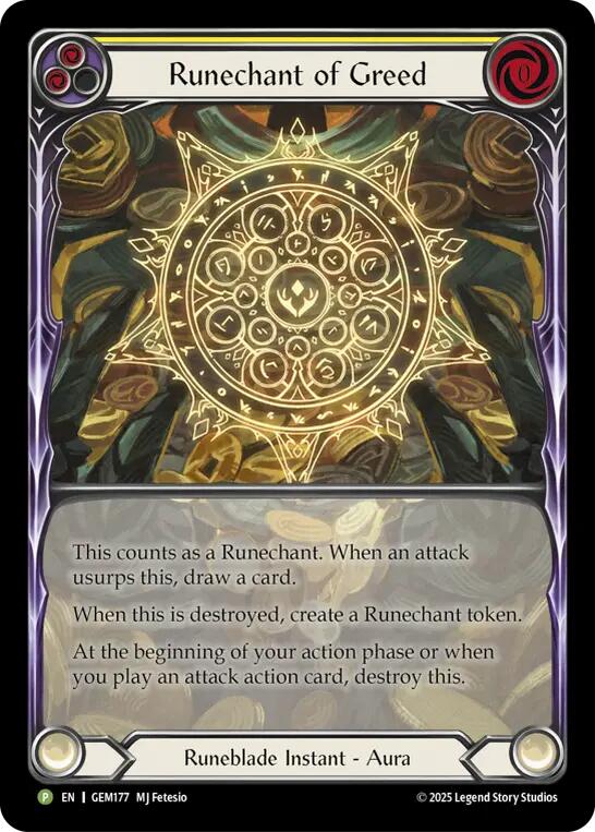 Runechant of Greed (Yellow) [GEM177-RF] (GEM Pack 5)  Rainbow Foil | I Want That Stuff Brandon