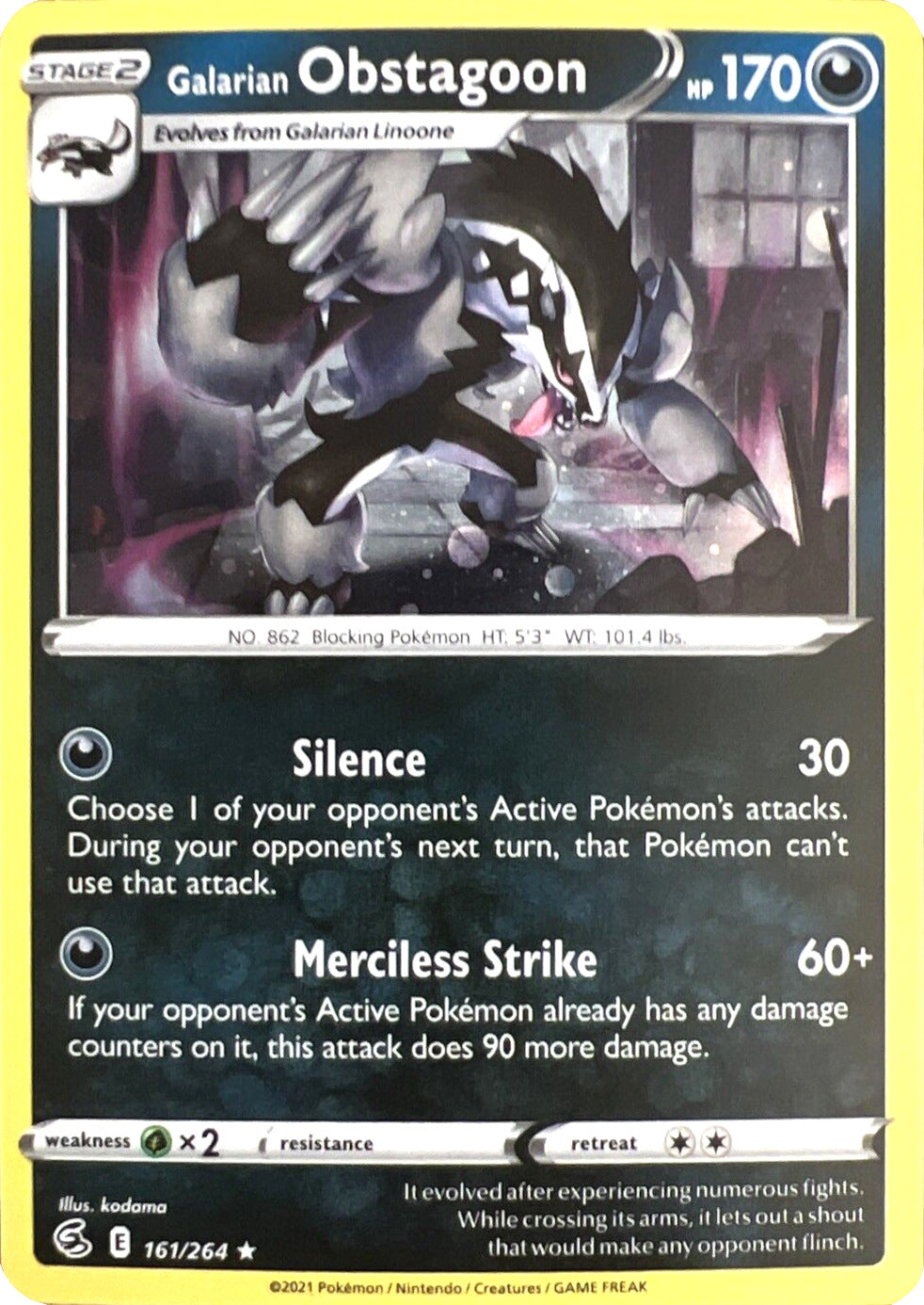 Galarian Obstagoon (161/264) (Cosmos Holo) [Sword & Shield: Fusion Strike] | I Want That Stuff Brandon