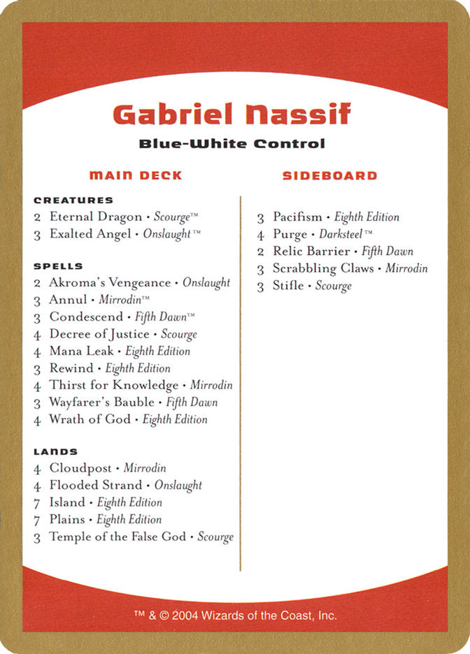 Gabriel Nassif Decklist [World Championship Decks 2004] | I Want That Stuff Brandon