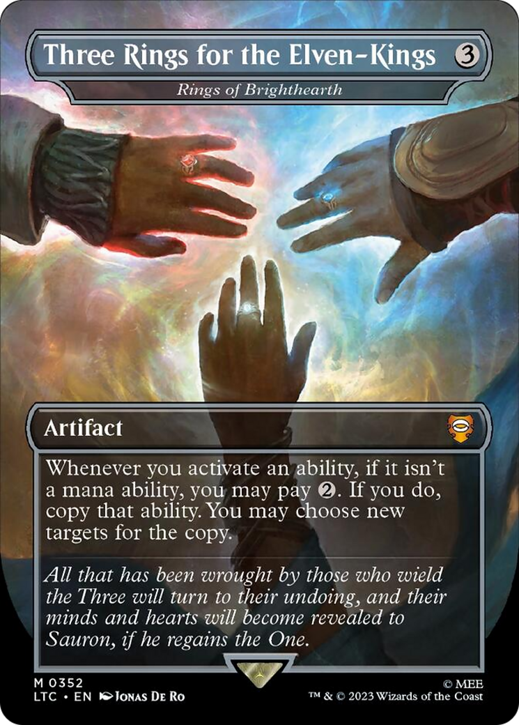 Three Rings for the Elven-Kings - Rings of Brighthearth (Borderless) (Surge Foil) [The Lord of the Rings: Tales of Middle-Earth Commander] | I Want That Stuff Brandon