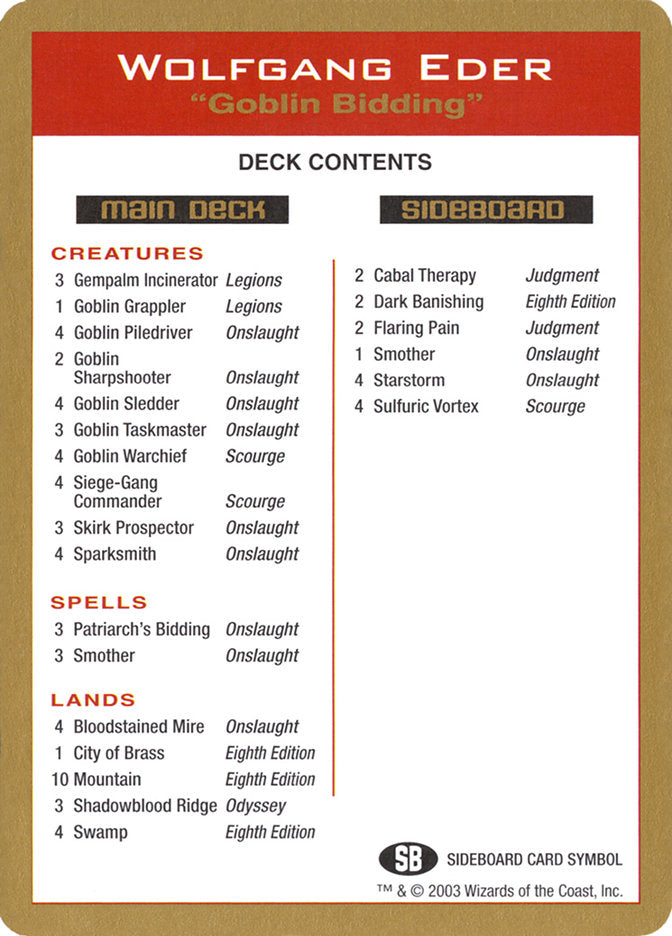 Wolfgang Eder Decklist [World Championship Decks 2003] | I Want That Stuff Brandon