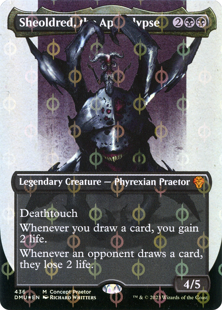 Sheoldred, the Apocalypse (Borderless Concept Praetors Step-and-Compleat Foil) [Phyrexia: All Will Be One] | I Want That Stuff Brandon