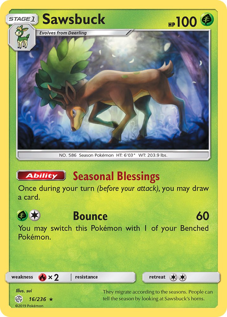 Sawsbuck (16/236) (Prerelease Kit Exclusive) (Theme Deck Exclusive) [Sun & Moon: Cosmic Eclipse] | I Want That Stuff Brandon