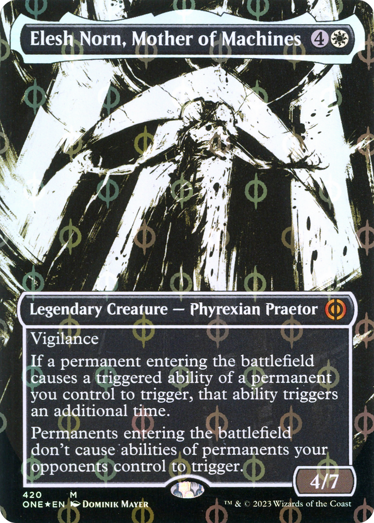 Elesh Norn, Mother of Machines (Borderless Ichor Step-and-Compleat Foil) [Phyrexia: All Will Be One] | I Want That Stuff Brandon