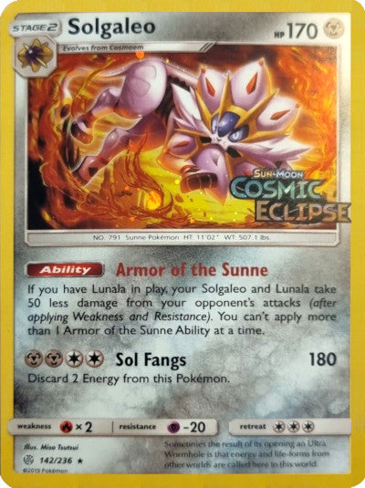 Solgaleo (142/236) (Cosmos Holo) [Sun & Moon: Cosmic Eclipse] | I Want That Stuff Brandon