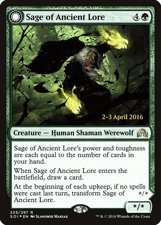 Sage of Ancient Lore // Werewolf of Ancient Hunger [Shadows over Innistrad Prerelease Promos] | I Want That Stuff Brandon