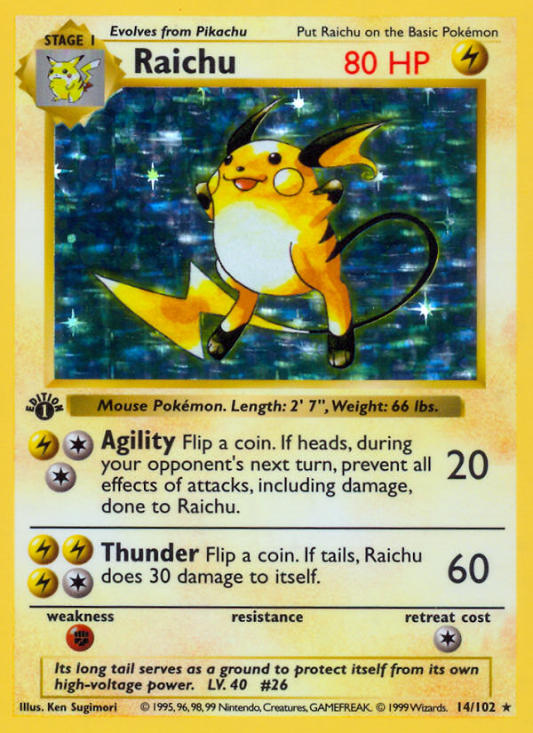 Raichu (14/102) (Shadowless) [Base Set 1st Edition] | I Want That Stuff Brandon