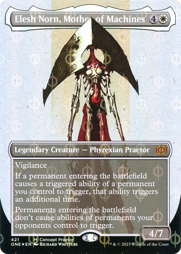 Elesh Norn, Mother of Machines (Borderless Concept Praetors Step-and-Compleat Foil) [Phyrexia: All Will Be One] | I Want That Stuff Brandon