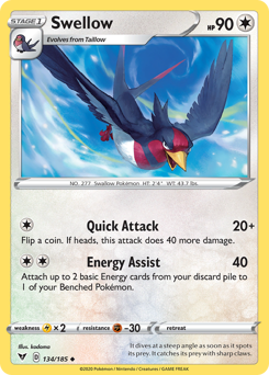 Swellow (134/185) [Sword & Shield: Vivid Voltage] | I Want That Stuff Brandon