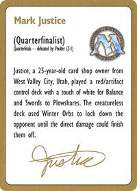 1996 Mark Justice Biography Card [World Championship Decks] | I Want That Stuff Brandon