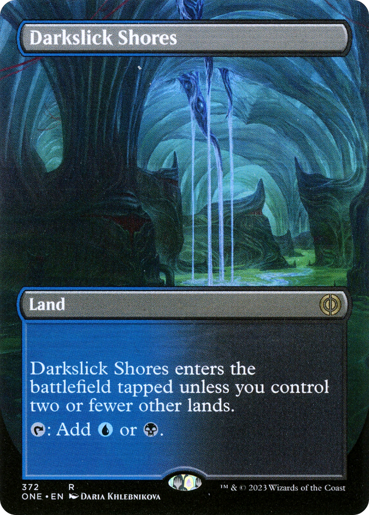 Darkslick Shores (Borderless Alternate Art) [Phyrexia: All Will Be One] | I Want That Stuff Brandon