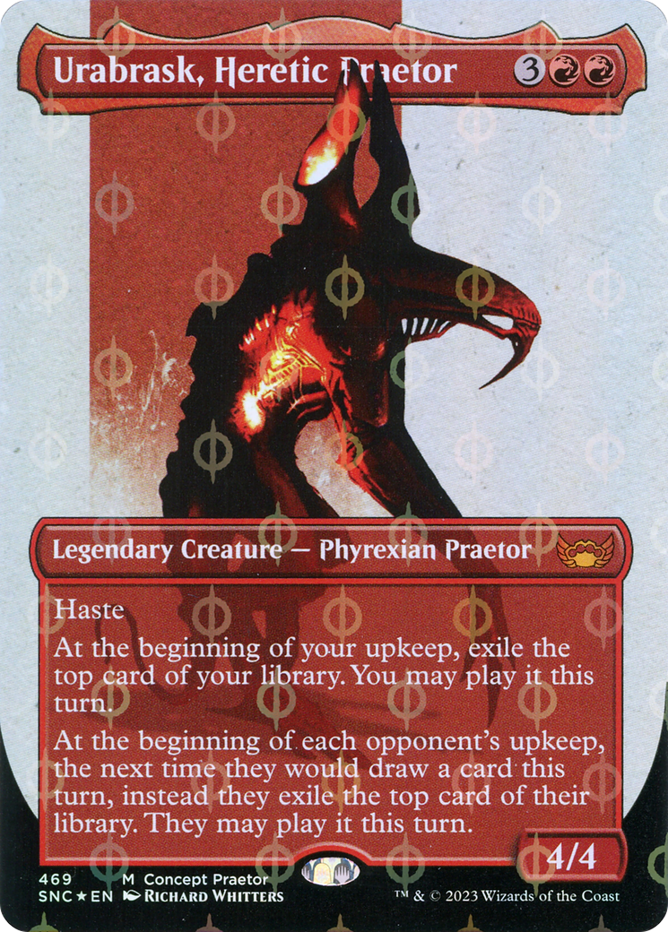 Urabrask, Heretic Praetor (Borderless Concept Praetors Step-and-Compleat Foil) [Phyrexia: All Will Be One] | I Want That Stuff Brandon