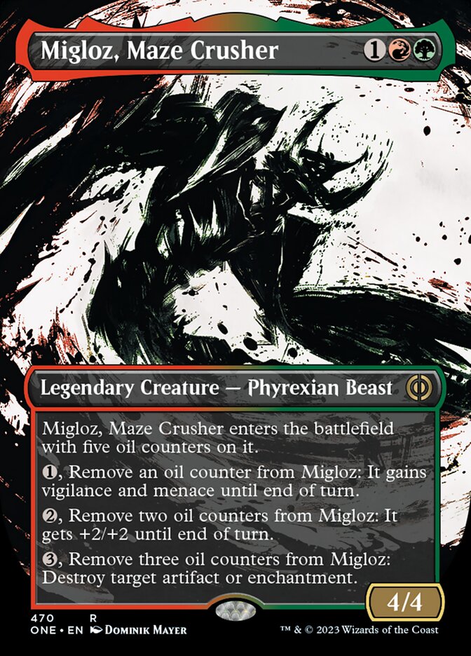Migloz, Maze Crusher (Borderless Ichor Step-and-Compleat Foil) [Phyrexia: All Will Be One] | I Want That Stuff Brandon